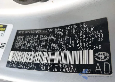 2016 Toyota Corolla L/Le/Le Pls/Prm/S/S Pls from USA, damaged, VIN 2T1BURHE4GC723335